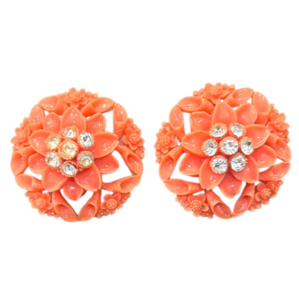 Vintage Earrings Clip On Coral Celluloid Flower Victorian MCM Vintage Jewelry - Picture 5 of 15